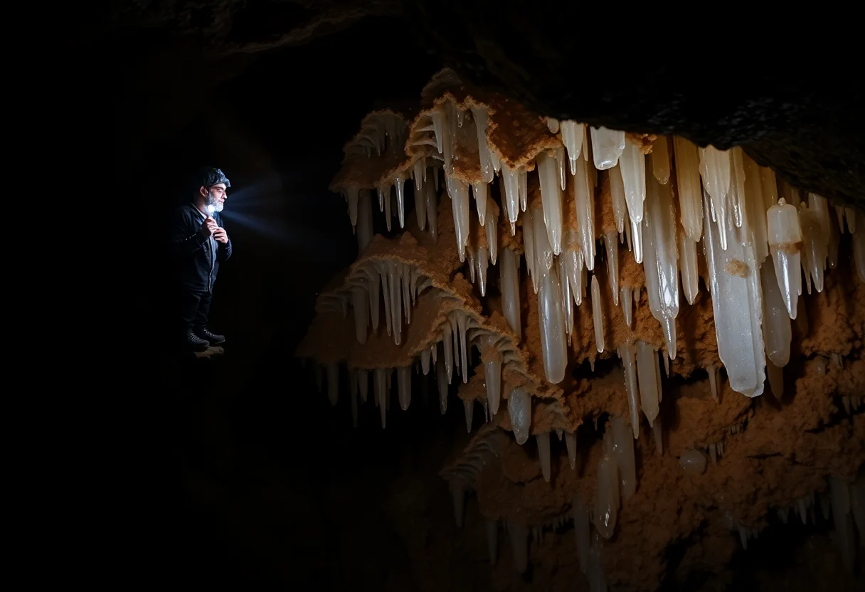 A caver with a headlamp illuminating intricate crystal formations on a cave wall.