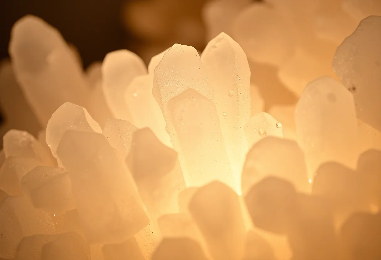 A close-up of translucent calcite formations glowing under a light.