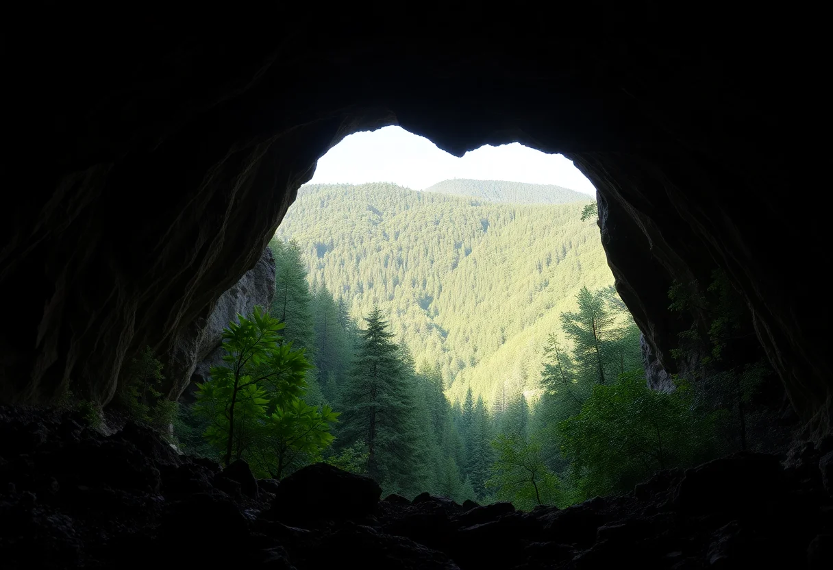 A dramatic view from inside a massive cave looking out at a lush green forest.