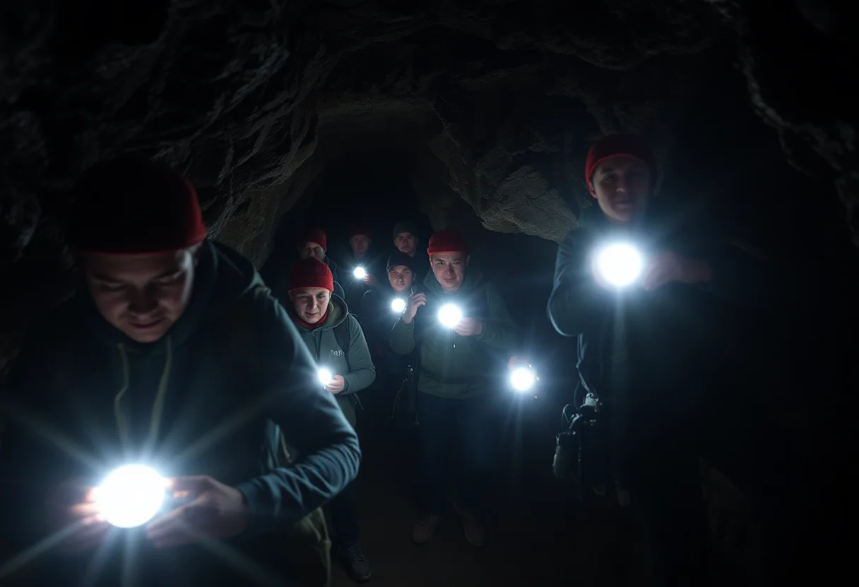 A group of explorers with headlamps navigating a dark cave passage