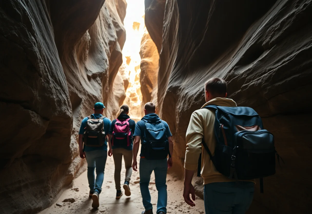 A group of friends with backpacks exploring a rocky canyon passage.