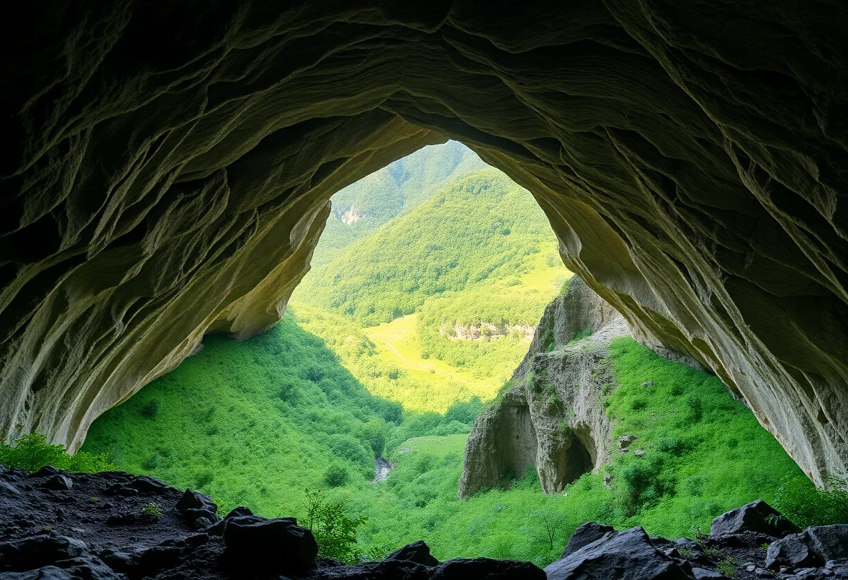 A stunning view from inside a cave looking out at a lush green valley.