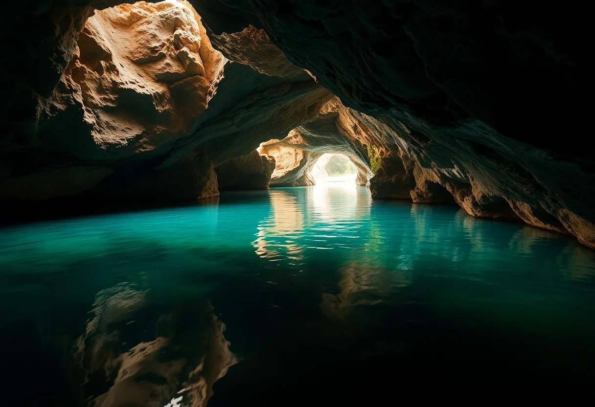 A tranquil underground river flowing through a beautifully lit cave.