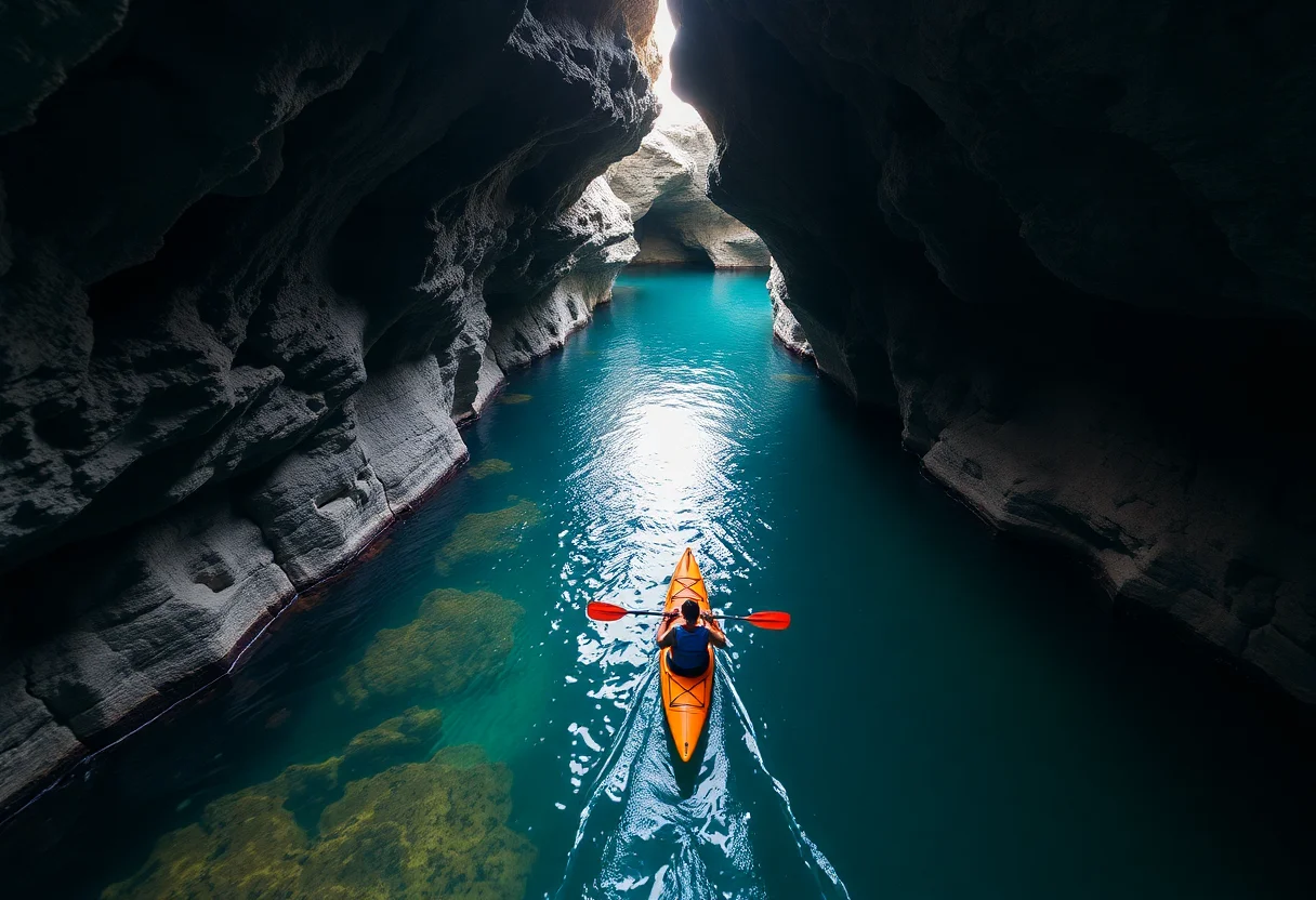 An aerial view of a person kayaking on an underground river inside a cave.