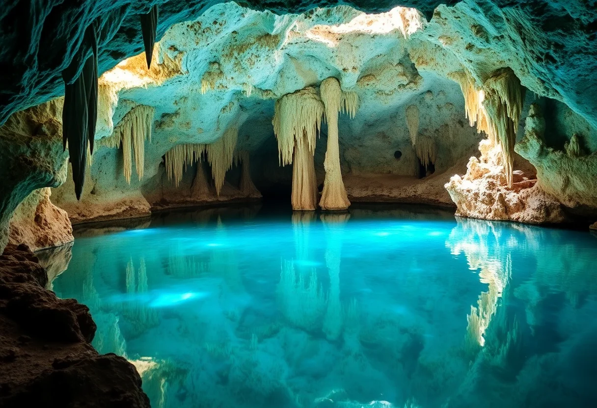An awe-inspiring cave with a clear turquoise underground lake reflecting stalactites.