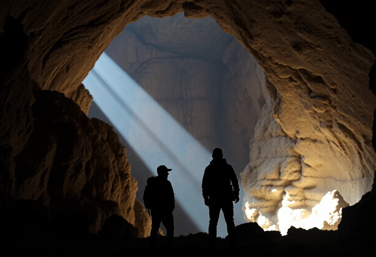 Explorers silhouetted against the vast entrance of a cave.