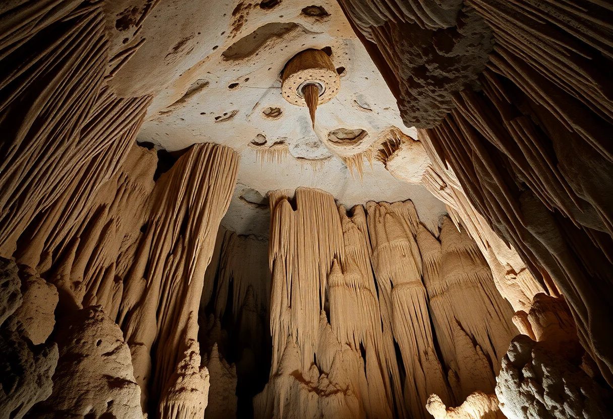 Massive stalactites and stalagmites in a large cave chamber in the Taurus Mountains.