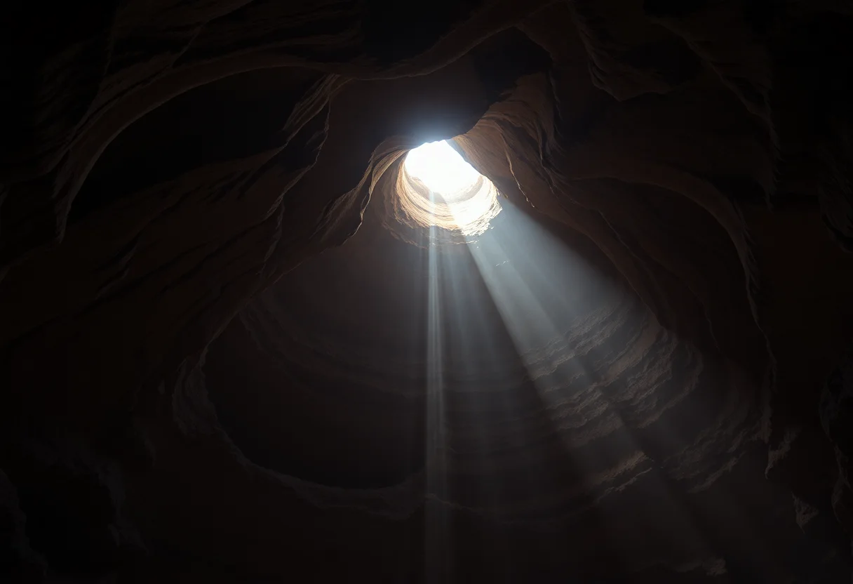 Sunbeams shining through a large opening in the ceiling of a massive cave chamber.