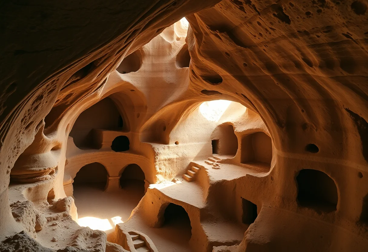 Underground city dwelling in Cappadocia with carved rooms and sunlight streaming in.