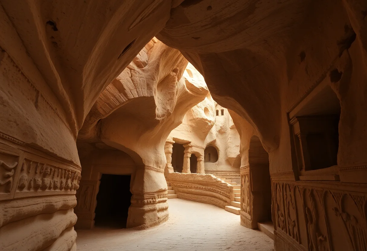 Underground city passageways in Cappadocia with ancient stone carvings.